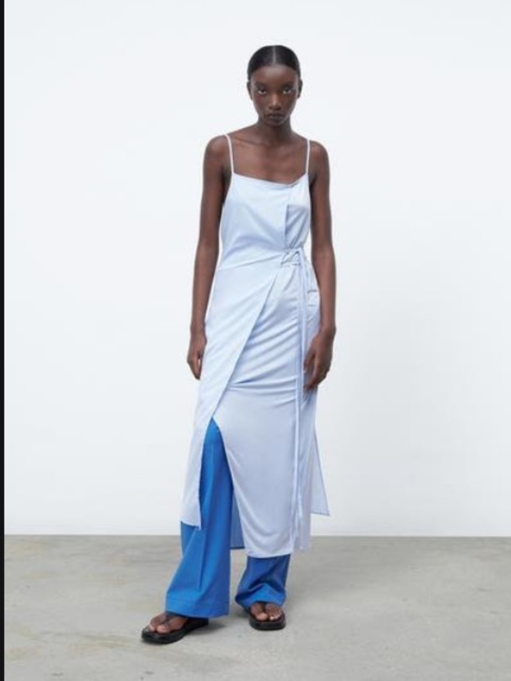 Zara Light Blue Slip Midi Dress with Side Knot Size S